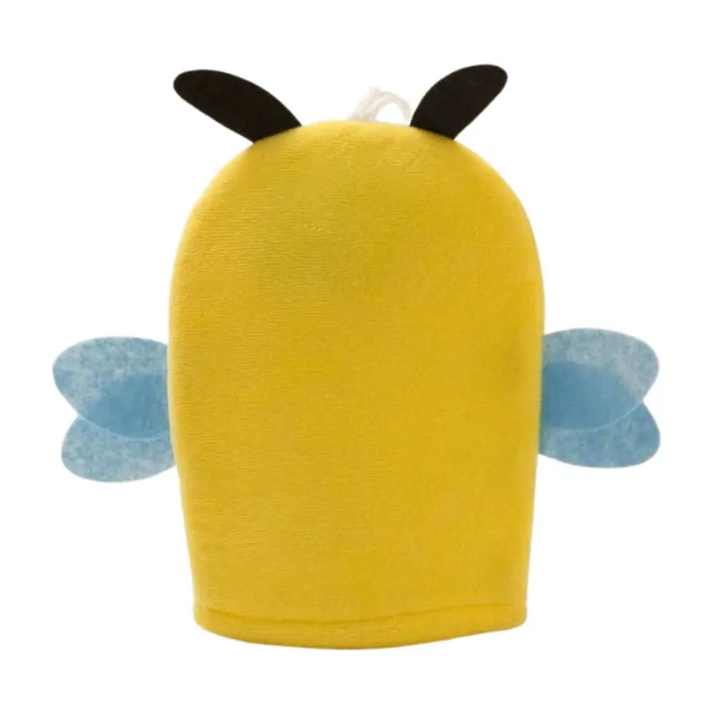 Yellow bee washcloth hand mitt back side, toddler-friendly bath accessory DC-BM013C