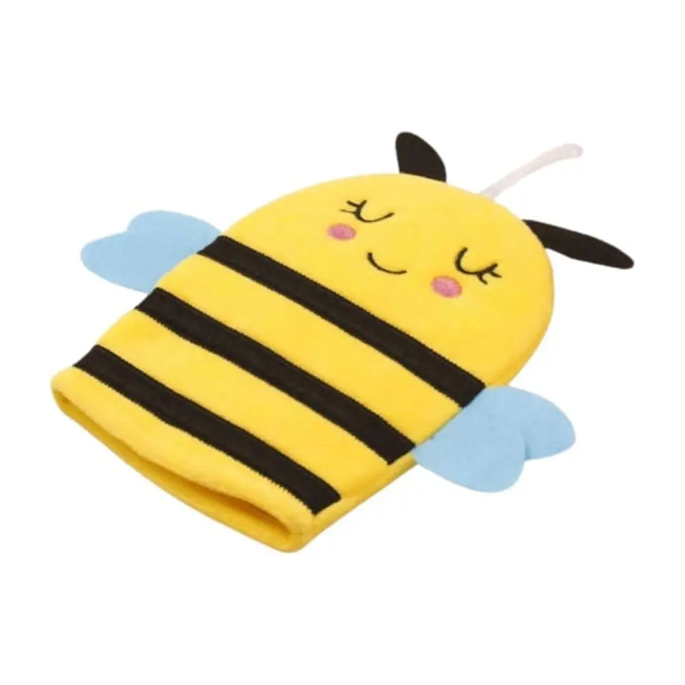 Side view of bee washcloth hand mitt DC-BM013C, yellow polyester bath mitt for kids
