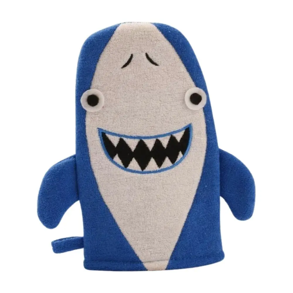 Blue cartoon shark scrub mitten made of soft terry cloth for kids’ bath time cleansing and gentle exfoliation