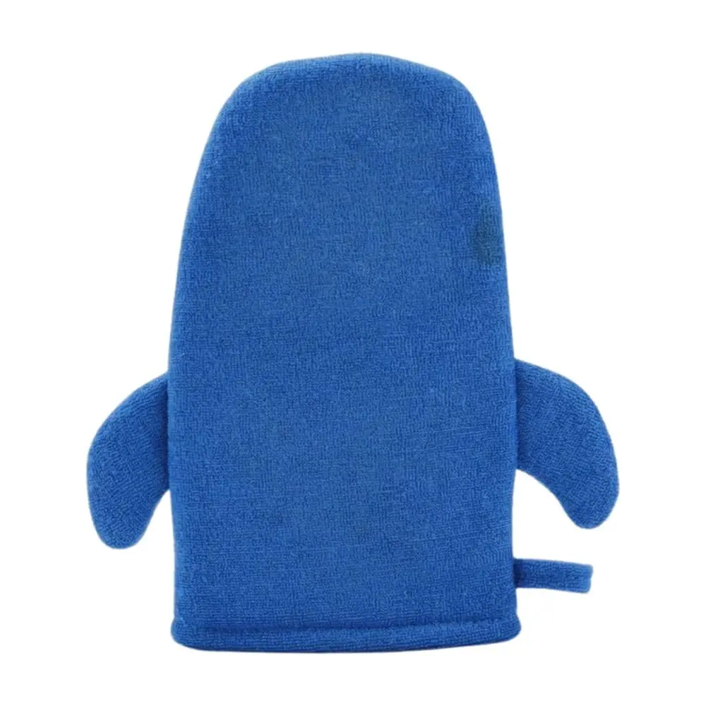 Back view of cartoon shark scrub mitten made of soft terry cloth for toddler bath time