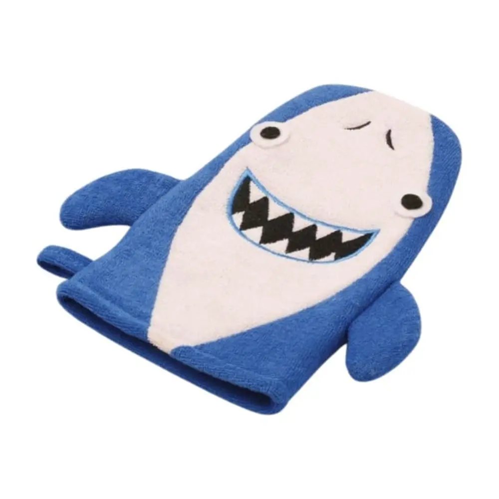 Side profile of blue shark-shaped terry cloth scrub mitten for kids’ gentle bath exfoliation