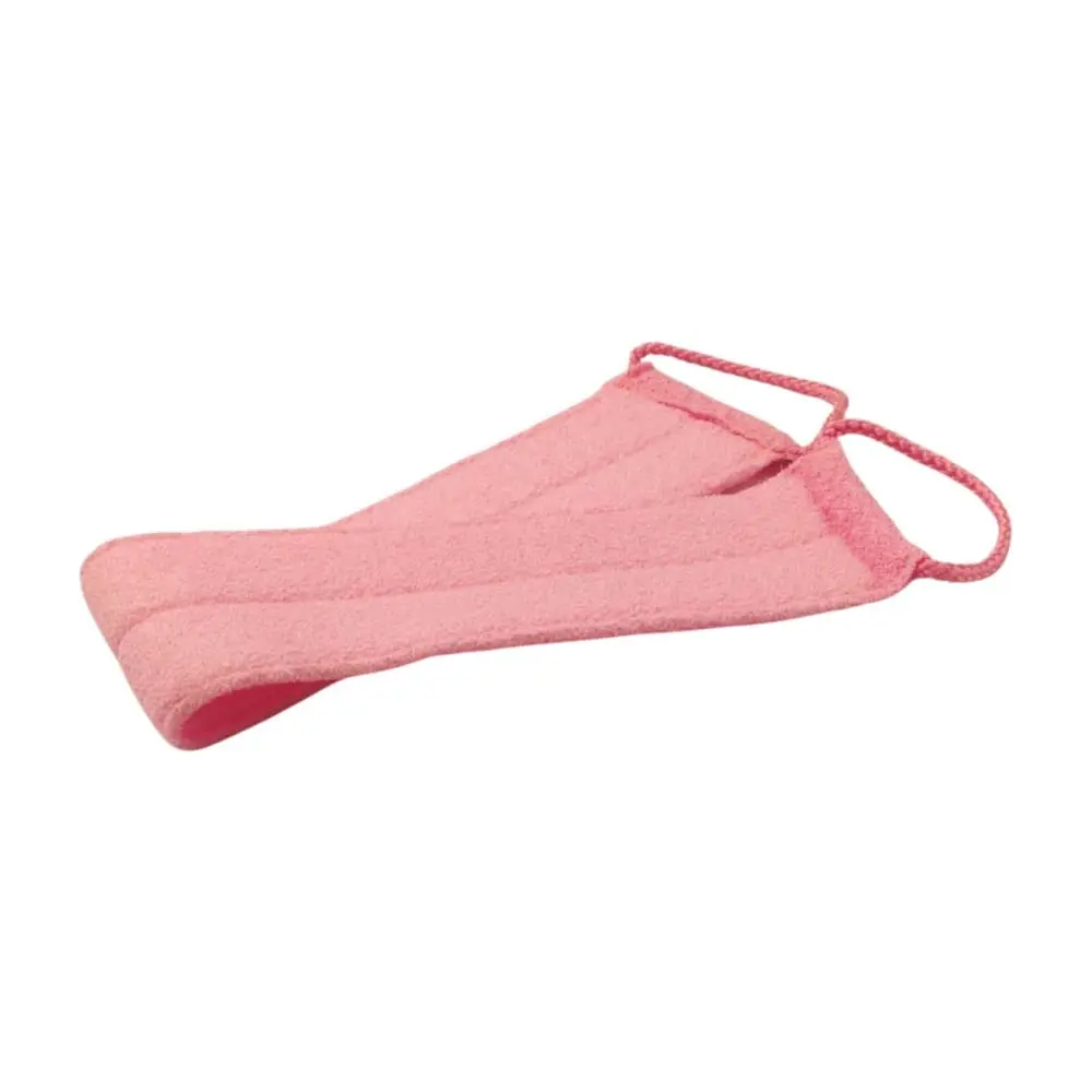 Folded pink exfoliating shower bath scrubber DC-BS028 made from nylon and polyester for body exfoliation and back cleansing.