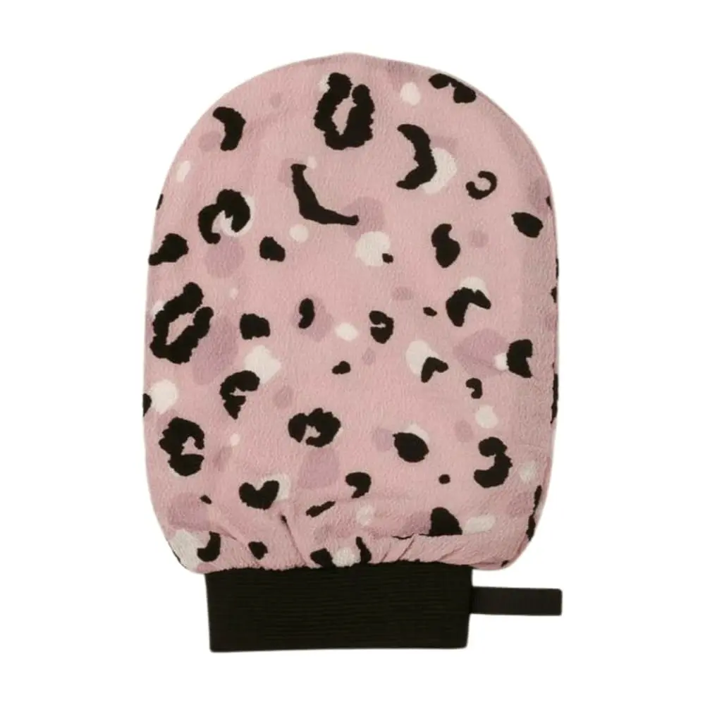 Front view of leopard print exfoliating hammam shower mitt made of viscose for deep cleansing