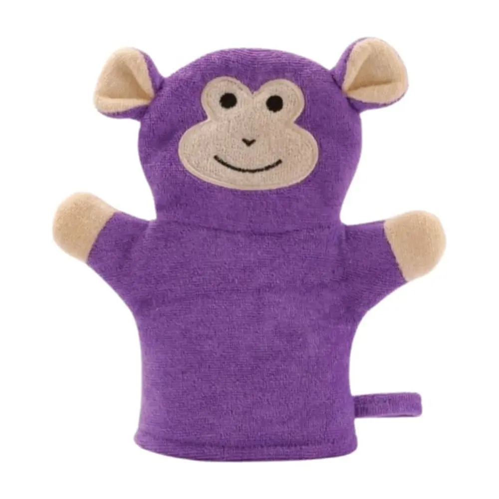 Monkey terry cloth bath mitt in purple, front view, soft exfoliating kids bath accessory DC-BM012C
