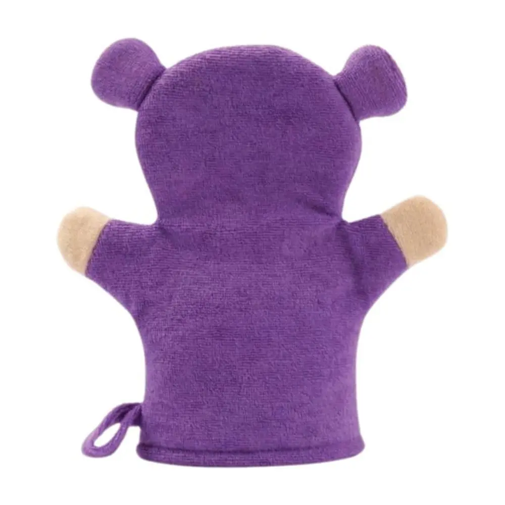 Purple monkey terry cloth bath mitt back side, toddler-friendly bath glove DC-BM012C