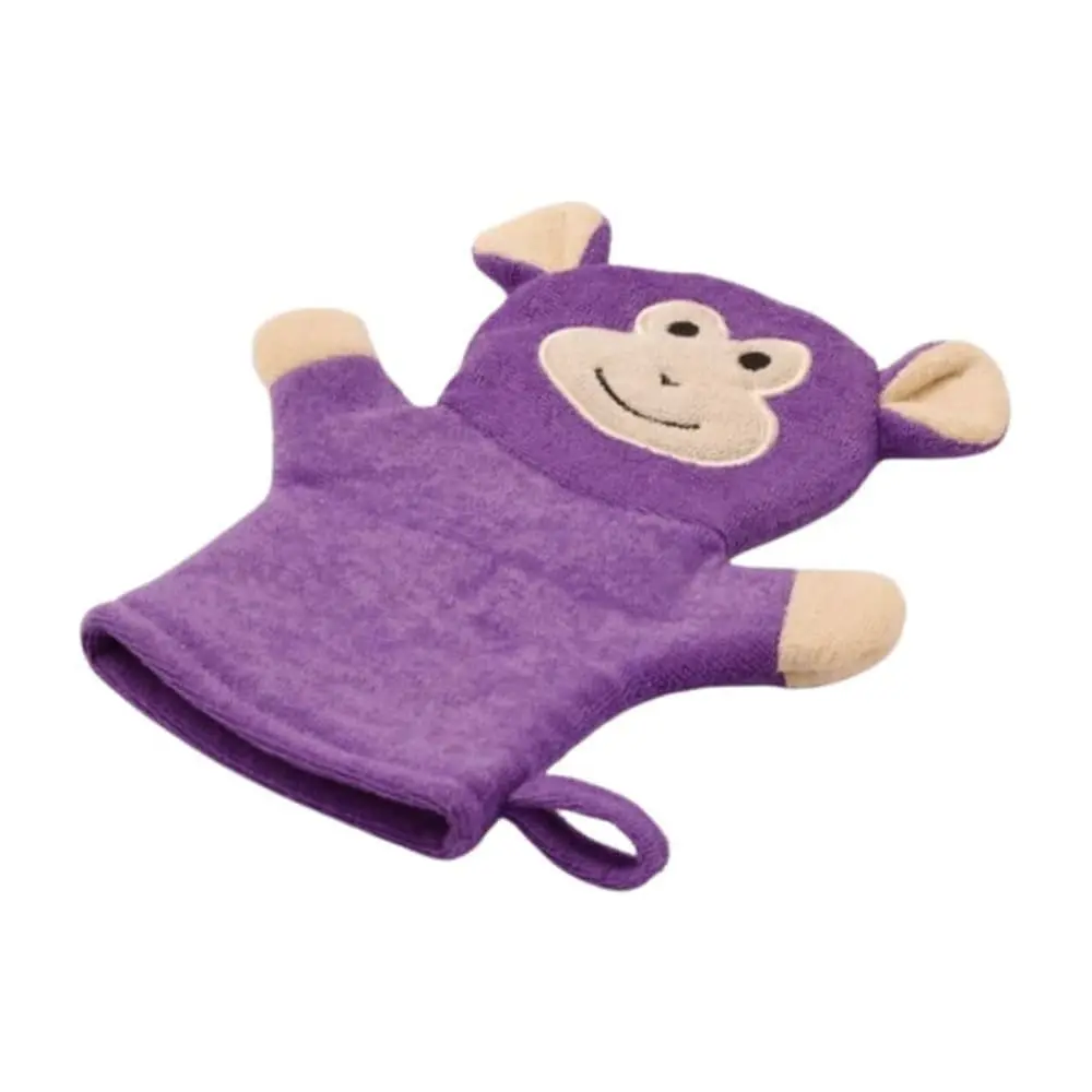 Side view of purple monkey terry cloth bath mitt DC-BM012C, exfoliating wash mitt for kids