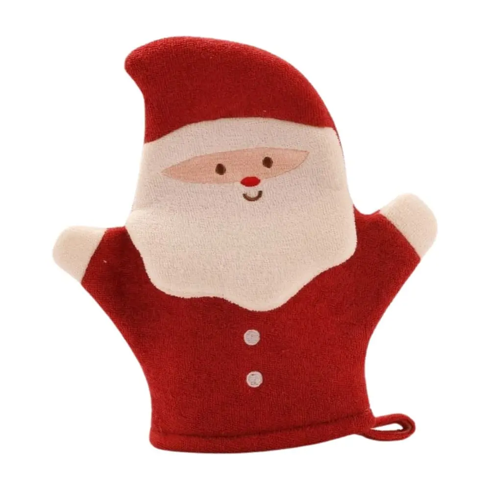 Front view of Santa Claus bath shower mitt in red terry cloth for gentle exfoliation