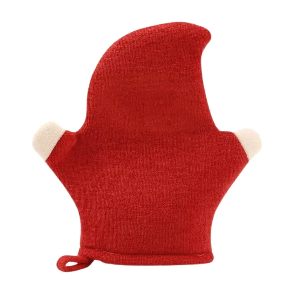 Back view of Santa Claus-shaped red terry cloth bath shower mitt for skin cleansing