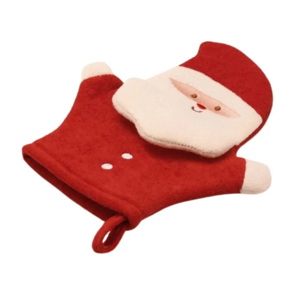 Side profile of festive Santa Claus bath shower mitt made of soft red terry cloth