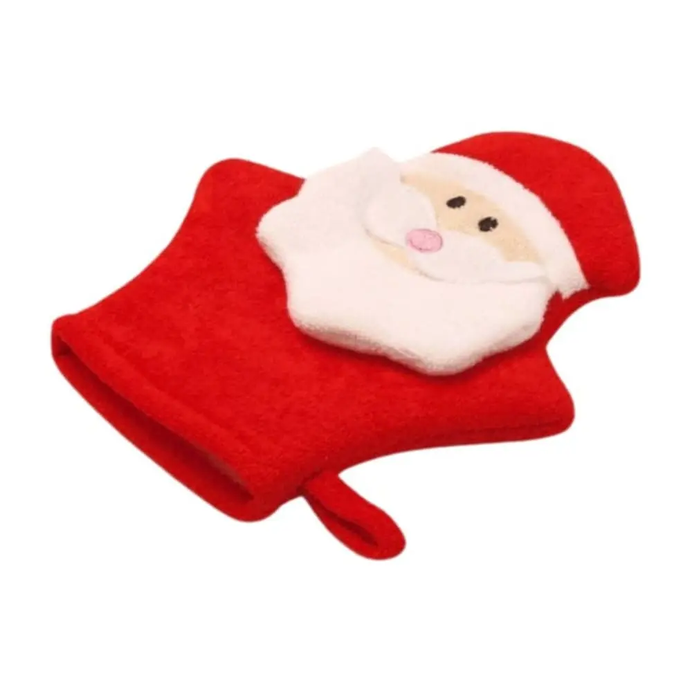 Oblique view of Santa Claus Bath Wash Body Mitt DC-BM009C, highlighting its soft red terry cloth material and festive design.