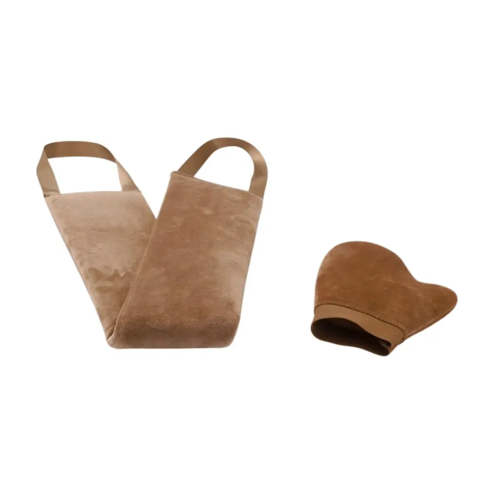 Mocha velvet self tanning back applicator and mitt set DC-BS027 for even, streak-free tanning at home or spa.