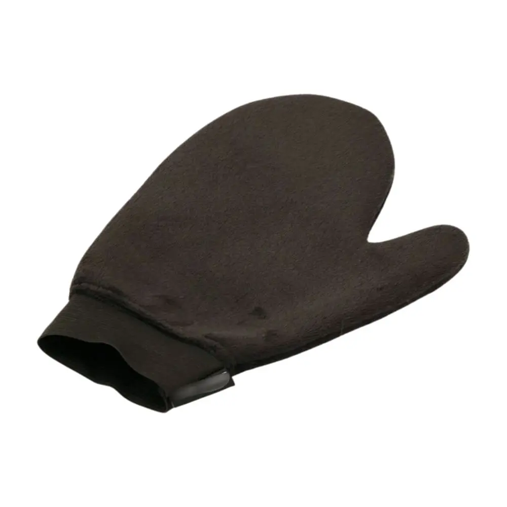 Side view of Self Tanning Glove DC-BM115 showing soft velvet fabric, ergonomic thumb design, and elastic cuff for streak-free tanning