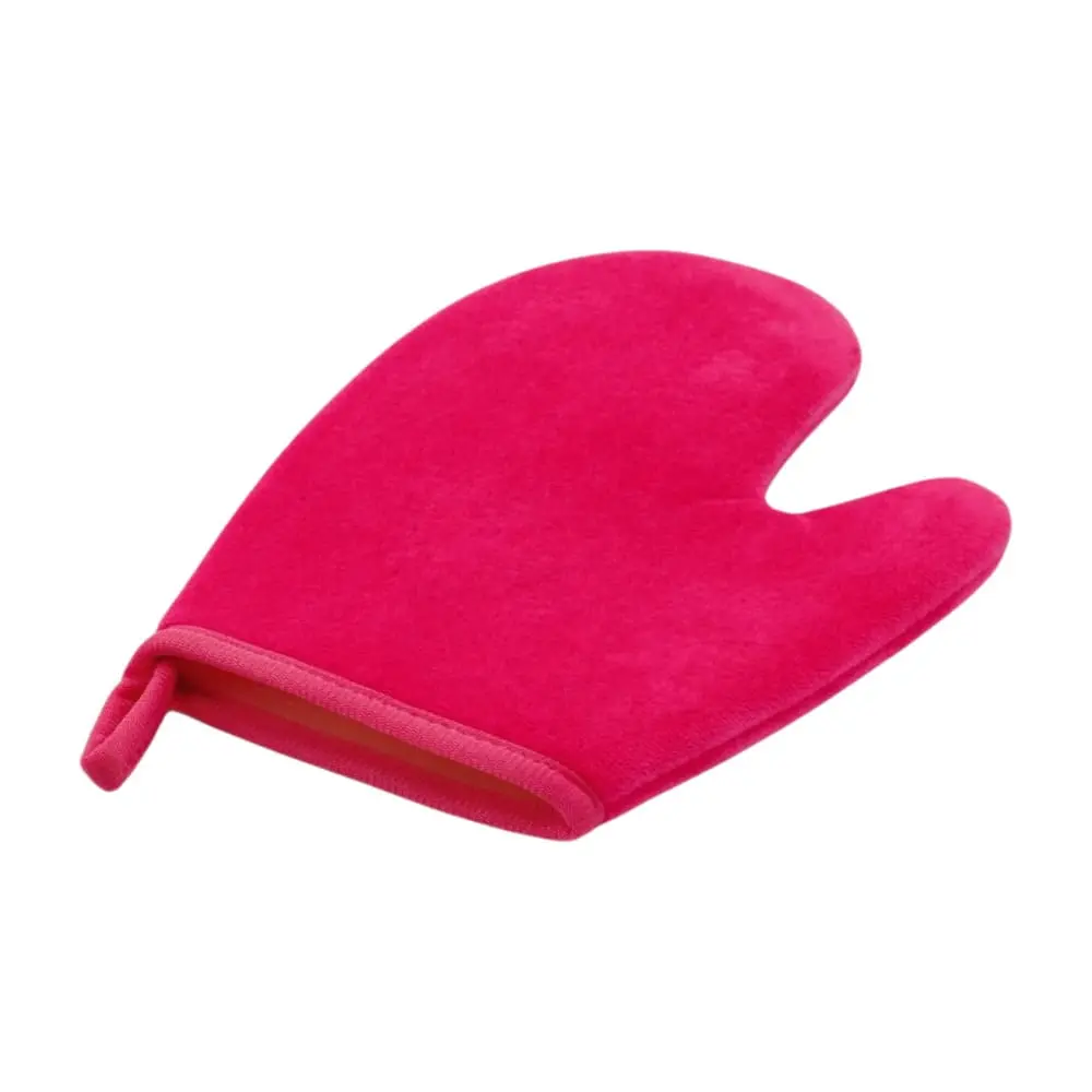 Side view of Self Tanning Mitt DC-BM113 showing soft velvet texture, ergonomic thumb design, and elastic cuff for secure fit